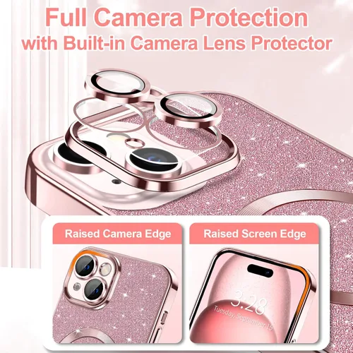 Vista 3 de Hython Funda para iPhone 15 Plus con purpurina, fundas magnéticas transparentes para teléfono con protector de lente de cámara