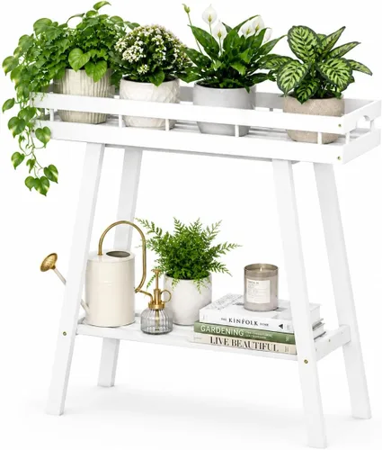 Vista 13 de BAMBANG Soporte de bambú para plantas de interior, mesa pequeña de 2 niveles, soporte alto para plantas de interior, estante para plantas