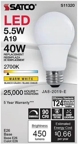 Vista 2 de Satco S11320, 5.5 W, A19, 2700K, base media, ángulo de haz de 220 grados, 120 voltios, bombilla LED