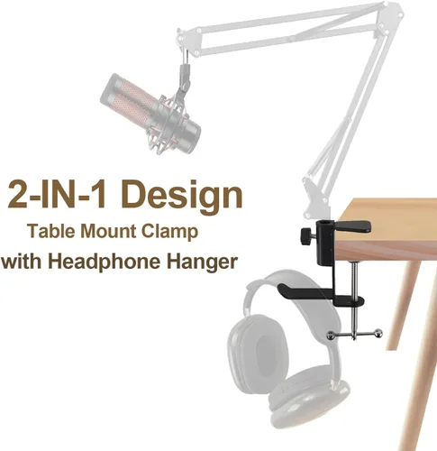 Vista 3 de Soporte de abrazadera de mesa para soporte de micrófono, abrazaderas de micrófono para escritorio con gancho para auriculares, abrazadera