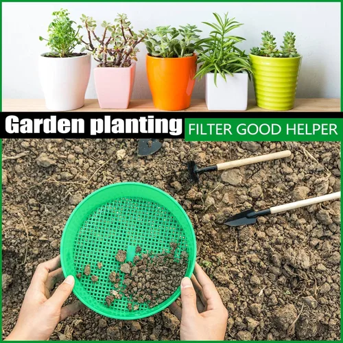 Vista 4 de Paquete de 4 tamices de compost para tierra de jardín, tamiz redondo de plástico para arena, juego de bandejas tamizadoras para jardinería y trabajo