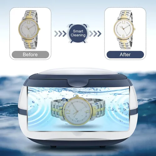 Vista 4 de Limpiador ultrasónico, limpiador profesional de joyas Uten Máquina ultrasónica con soporte para reloj, cesta de limpieza para anillos, joyas
