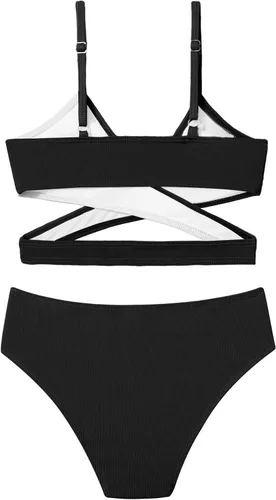 Vista 2 de Aulyffo Conjunto de bikini para niñas, traje de baño de dos piezas, traje de baño cruzado para niñas