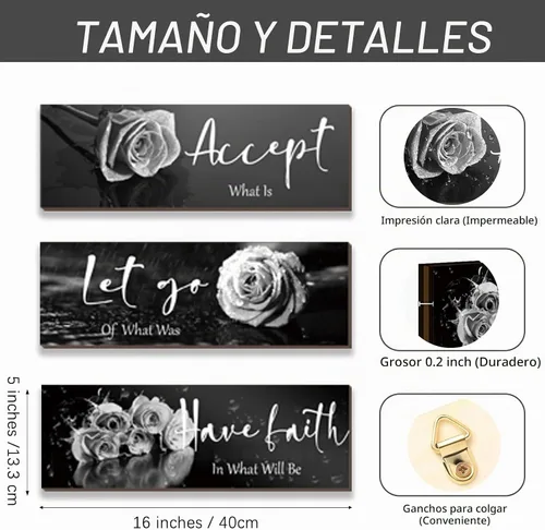 Vista 4 de ZINYAZHE 3 Piezas de Decoración de Pared en Blanco y Negro, Arte de Pared Inspirador de Flores de Madera, Rosas Blancas para Baño, con Frases Rosa