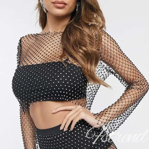 Vista 4 de Fstrend Cadena de malla de cristal con diamantes de imitación, parte superior corta negra, manga larga, bikini transparente, A