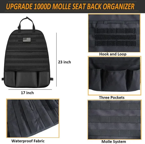 Vista 2 de Organizador de respaldo de asiento Molle 1000D mejorado con bolsas, panel táctico Molle para asiento de automóvil, protector de asiento de asiento