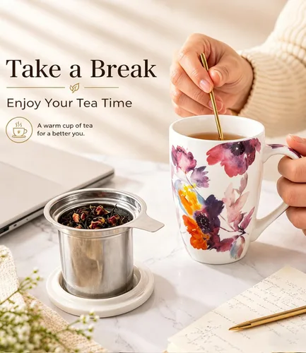 Vista 3 de AmorArc Taza de té de porcelana de 18 onzas con infusor y tapa, taza de té de hojas sueltas con colador de acero inoxidable, taza de café grande