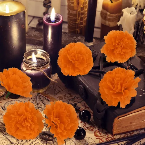 Vista 8 de 30 flores artificiales de caléndula de 2 pulgadas, cabezas de flores de caléndula de seda con tallos, flores naranjas artificiales para decoración
