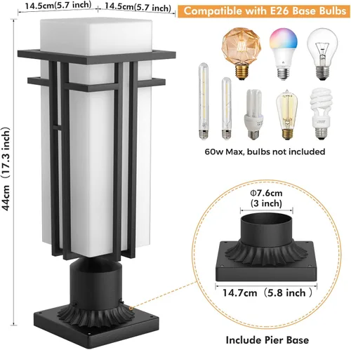 Vista 3 de Lámpara de poste al aire libre – Postes de lámpara de aluminio iluminación al aire libre, linterna de poste de luz al aire libre con base de montaje