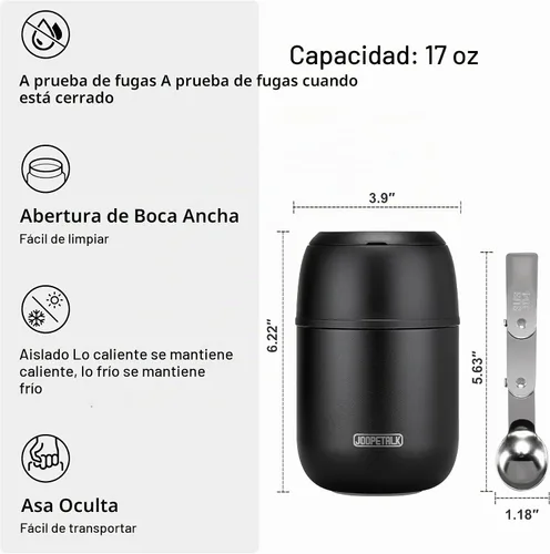 Vista 4 de JOOPETALK Recipientes de almuerzo aislados de 17 onzas, color negro, lonchera térmica de acero inoxidable al vacío con asa y cuchara plegable