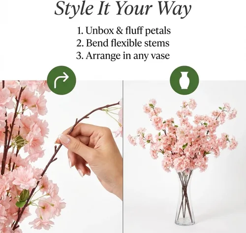 Vista 7 de Larksilk Paquete de 3 ramas de flor de cerezo rosa claro de 30 pulgadas, tallos artificiales japoneses de Sakura para jarrones altos, arcos de boda