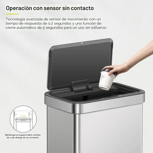 Vista 3 de EKO Nova - Basurero con sensor de 21 galones/80 litros de acero inoxidable, rectangular, sin contacto, con sensor de movimiento, color metálico mate