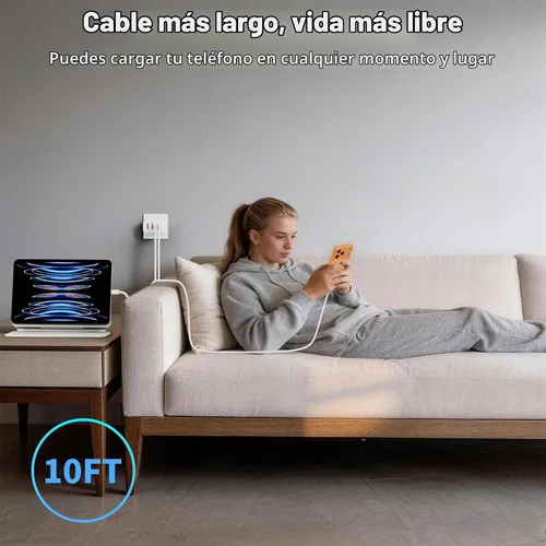 Vista 6 de Cargador de carga rápida para iPhone 17 16 15 Pro Max de 10 pies, 40 W, paquete de 2 4 puertos PD y AC, cable de carga rápida USB C a C de 10 pies