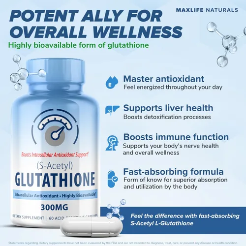 Vista 2 de S-acetil L-glutatión 300mg - 60 cápsulas resistentes a los ácidos, suplemento de acetil glutatión de alta biodisponibilidad para bienestar celular