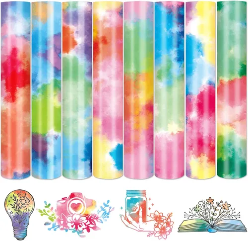 Vista 13 de Tintnut Vinilo de transferencia de calor Tie Dye, 8 hojas de 10 x 12 pulgadas, multicolor acuarela arco iris, vinilo para planchar para regalos