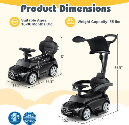 Vista 7 de Costzon Coche de empuje para niños pequeños, 3 en 1 Mercedes Benz Cochecito deslizante caminador con toldo, mango, barra de seguridad, sonido
