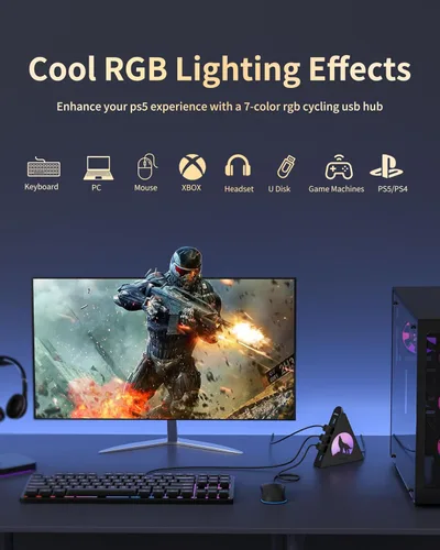 Vista 3 de Hub USB 3.0 de 7 puertos, divisor de USB vertical con iluminación RGB, transferencia de datos de alta velocidad de 5 Gbps y cable de extensión de 2