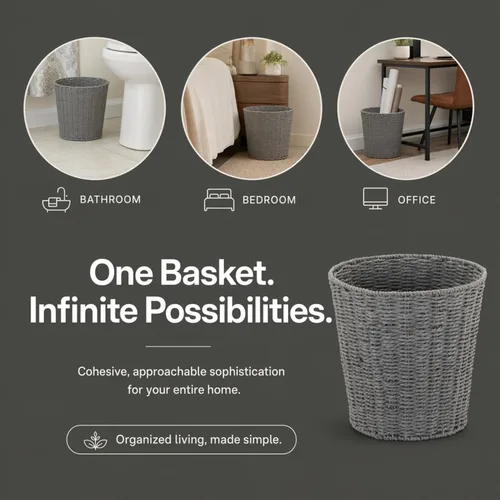 Vista 10 de [Usado] Household Essentials Cesta de basura tejida, papelera de cuerda de papel gris para baño, dormitorio, oficina