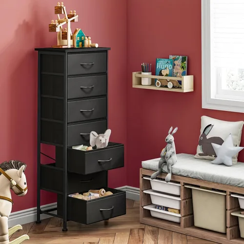 Vista 6 de Fixwal Cómoda negra alta y delgada para dormitorio, organizador de almacenamiento estrecho con 7 cajones de tela, muebles de mesita de noche