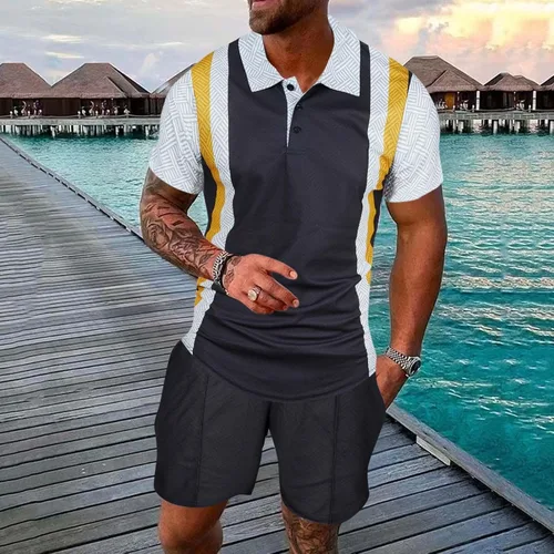 Vista 2 de Conjunto deportivo de 2 piezas con cremallera para hombre, camisa polo y pantalones cortos, conjuntos de verano para hombre, elegante traje