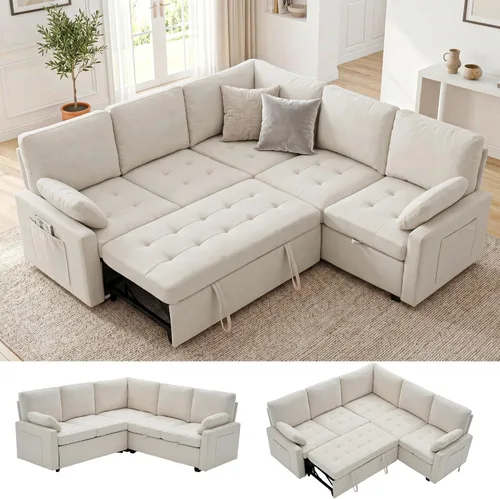 Vista 10 de Huatean Home Sofá extraíble de 82 pulgadas con almacenamiento, sofá cama, sofás modulares en forma de L de 5 asientos para sala de estar, felpilla