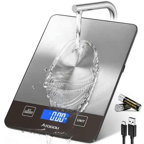 Vista 10 de Atogou Báscula de alimentos – Báscula digital de cocina de 33 libras, pantalla recargable y de visión completa, resistente al agua, carga de Negro