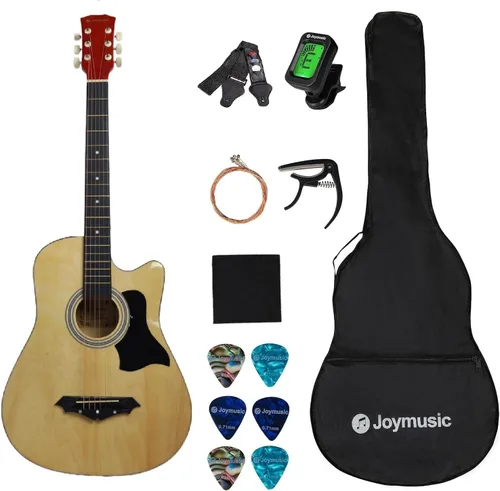 Vista 11 de Joymusic kit de guitarra acústica para principiantes de 38 pulgadas azul brillante, incluye estuche, correa con portapúas, afinador digital, juego