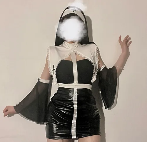 Vista 4 de JasmyGirls Lencería para cosplay, disfraz de monja sexy, traje de sirvienta de anime travieso de diablo, disfraz de sirvienta gótica de Halloween