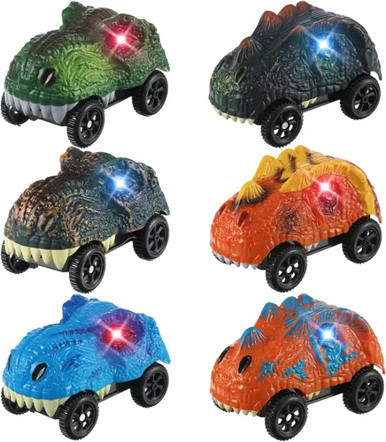 Vista 8 de Skylety - Paquete de 6 coches de carreras de dinosaurios LED compatibles con la mayoría de pistas, bestia Battery Powered Glowing Toys