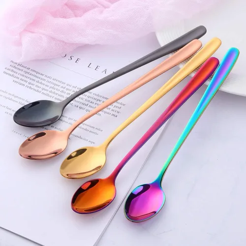 Vista 4 de Buyer Star Juego de 8 cucharas coloridas de mango largo de 7.87 pulgadas, juego de cucharas de té de hielo multicolor de acero inoxidable 18/10