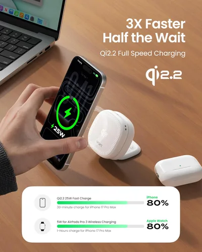 Vista 3 de VRURC Estación de carga 3 en 1 para Apple, Qi2.2 25W Cargador inalámbrico Blanco