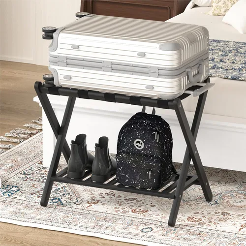 Vista 5 de Portaequipajes plegable con estante de almacenamiento para habitación de invitados Hotel Essentials de bambú sólido resistente soporte