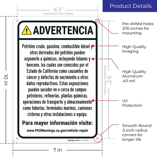 Vista 3 de Señal español de advertencia para petróleo crudo, gasolina, combustible diésel, otros productos petrolíferos, 10 x 7 pulgadas, aluminio 040 libre