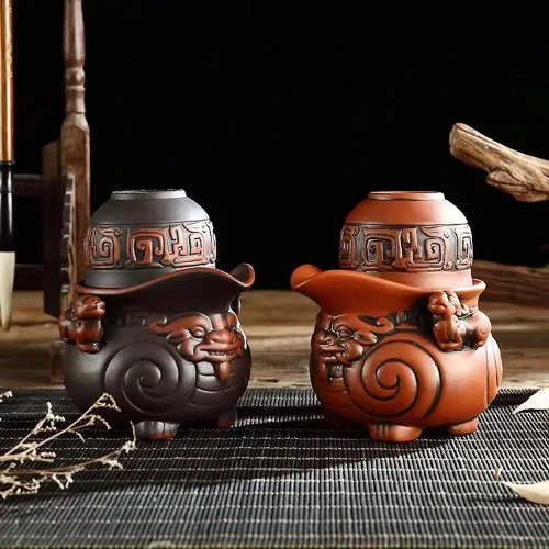 Vista 6 de Juego de tetera de cerámica hecha a mano, juego de tetera y taza de té chino Pi Xiu, tetera de porcelana Zisha Kung Fu, juegos de té de arcilla Negro