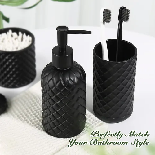 Vista 3 de RYTOXILO Juego de accesorios de baño negro mate, paquete de 4 juegos de accesorios de baño negros, dispensador de jabón de vidrio de diamante