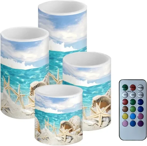 Vista 21 de Velas LED parpadeantes operadas por batería, juego de 4 con control remoto y temporizador, velas de llama danzante, velas de pilar para mesa, Playa