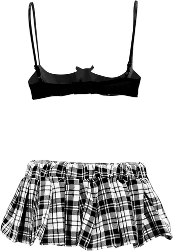 Vista 2 de HOTSO Women Sexy Lingerie Push Up Half Cup Bra Mini Plaid Skirt Babydoll Cosplay Costume Role Party Outfit Naughty Uniform
