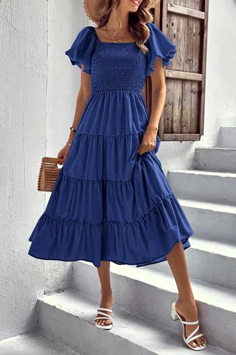 Vista 2 de PRETTYGARDEN Vestido midi casual de verano para mujer, manga corta, cuello cuadrado, fruncido, con volantes