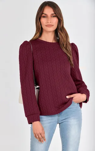 Vista 7 de PRETTYGARDEN Sudaderas de manga abullonada para mujer, para otoño, casual, cuello redondo, textura torcida sólida, sin botones