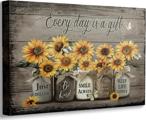 Vista 9 de Arte de pared de lienzo para baño estilo granja, vintage, rústico, país, flor, mariposa azul, pintura, imagen, decoración de pared, Cada día es un