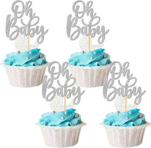 Vista 11 de 24 piezas Oh Baby Cupcake Toppers Glitter Baby Shower Cupcake Picks Reveal Género Decoración de Pasteles para Baby Shower Niños Niñas Fiesta de Azul