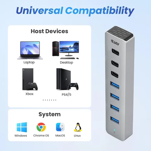 Vista 4 de EJAY 4 puertos USB 3.0 y USB-C HUB para PC, portátil, MacBook Pro, etc Divisor USB3.0 de 7 puertos y extensor USB, aluminio, 5 Gbps, cables dobles