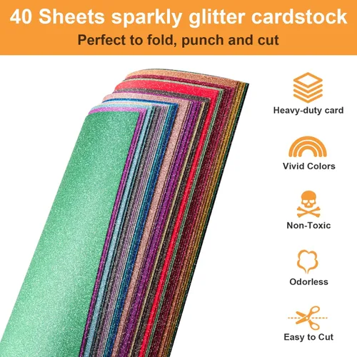 Vista 3 de 40 hojas de cartulina con purpurina de 20 colores, cartulina BetyBedy para Cricut, purpurina brillante sin desprendimiento, papel A4 con purpurina