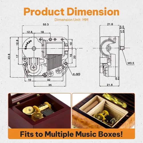 Vista 2 de MusicBoxAttic - Caja de música con movimiento mecánico de 18 notas de regalo - Elegante caja de música con mecanismo de caja de música