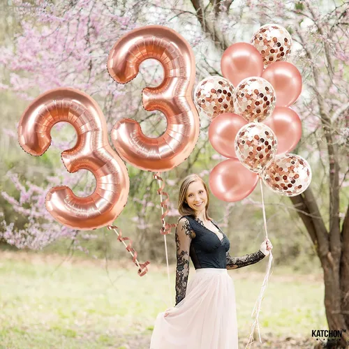 Vista 6 de KatchOn, Globos de oro rosa con el número 33, 40 pulgadas, decoraciones de cumpleaños número 33 para mujer, globo de cumpleaños 33 con globos