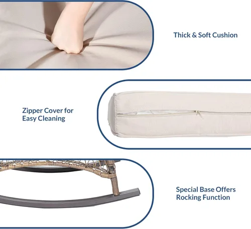 Vista 4 de Mecedora de mimbre para exteriores, silla mecedora de ratán para patio con marco de acero, silla mecedora para césped, muebles de patio, mimbre Beige