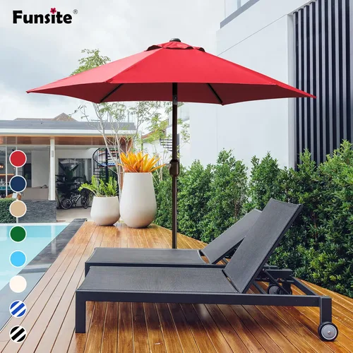 Vista 6 de Sombrilla de patio de 7.5 pies/9 pies, sombrilla de piscina con protección UV con poste resistente, sombrilla para exteriores con botón