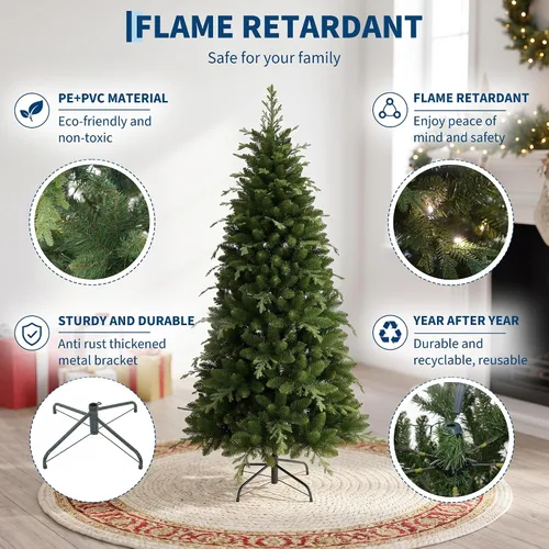 Vista 5 de Artificial Christmas Tree, Realistic Fraser Fir Hinged Locations with Warm LED Lights & Metal Stand, 6 Feet