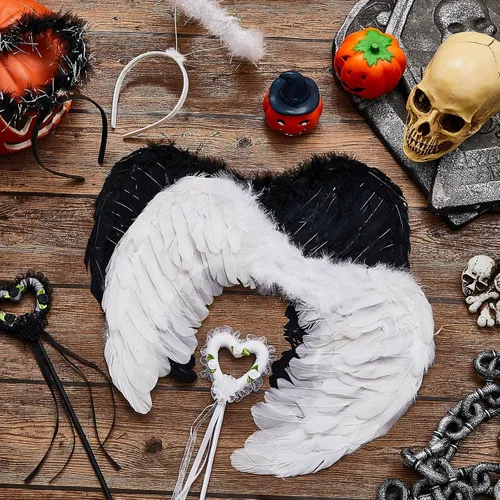 Vista 3 de Juexica 6 piezas de alas de ángel y diadema con varita para niños y adultos alas de plumas unisex disfraces de Halloween disfraces juego de hadas