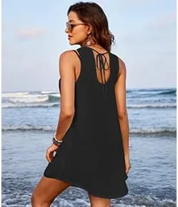 Vista 3 de AOLRO Traje de baño para mujer, vestido de ganchillo con espalda cruzada, cuello halter, salida de baño